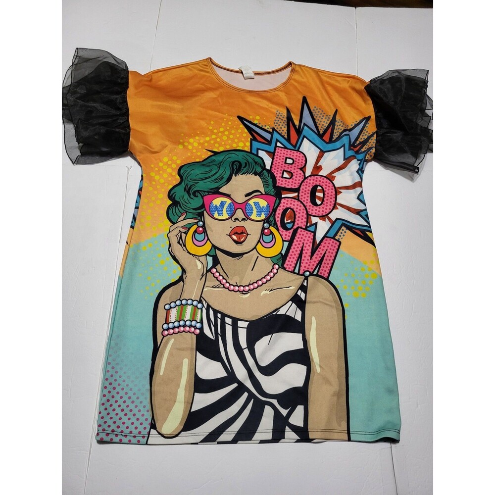 (#19) Women's Yellow/Black Sheer Chiffon Graphic Crew Neck Ruffle Sleeve Tee 3XL